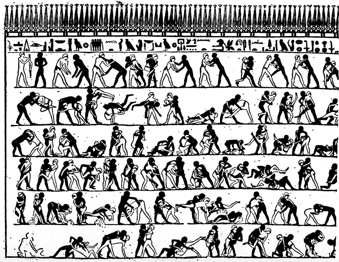 Nineteenth century line drawing of a sequence of Egyptian wrestling pairs from Beni Hasan