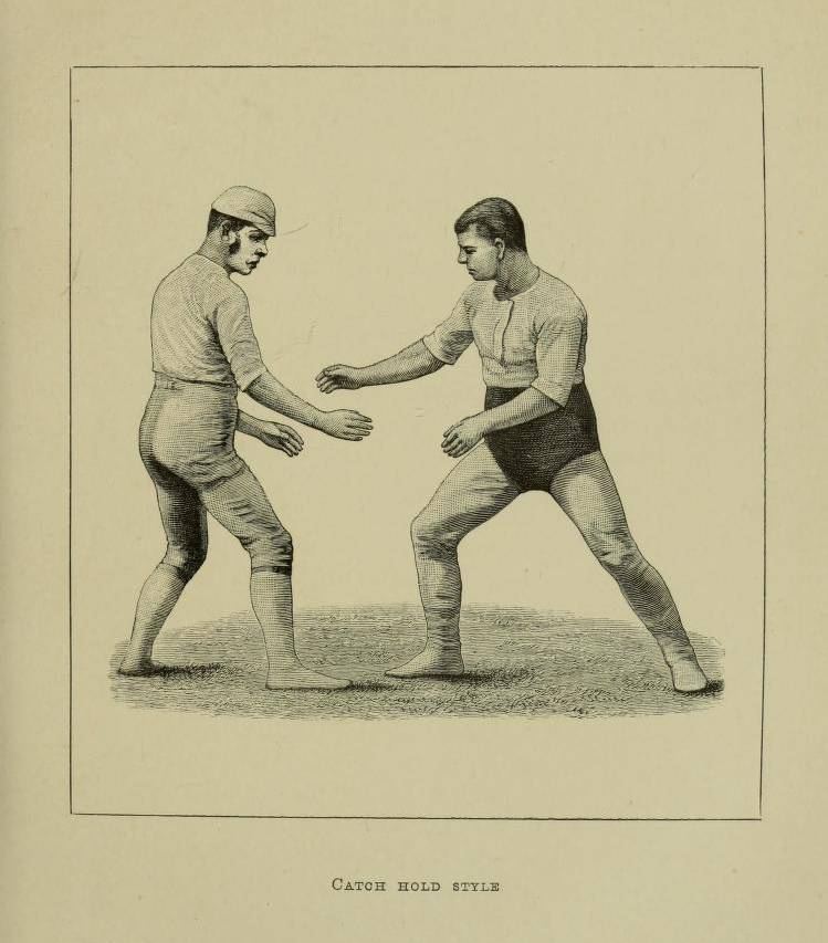 Victorian illustration of two wrestlers in a catch hold starting position